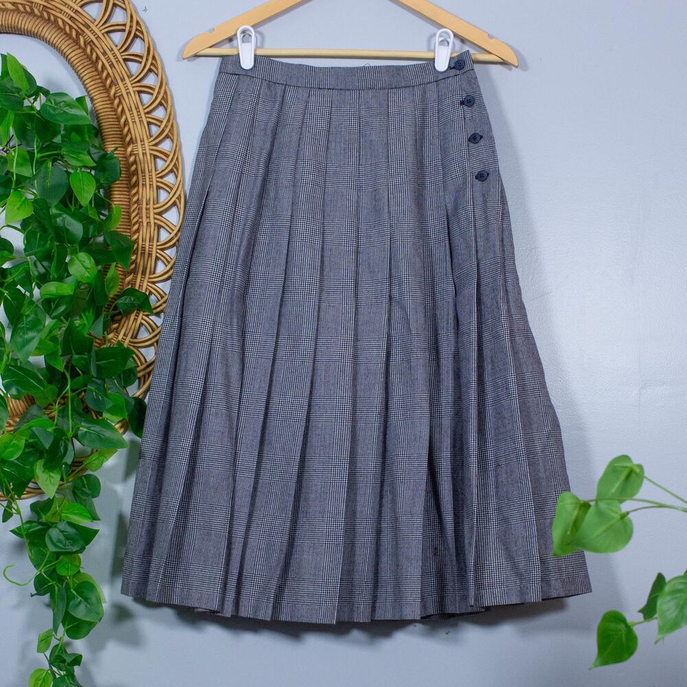 VTG Jaeger Wool Blend Glen Plaid Pleated Midi Skirt Great Britain Soft Summer